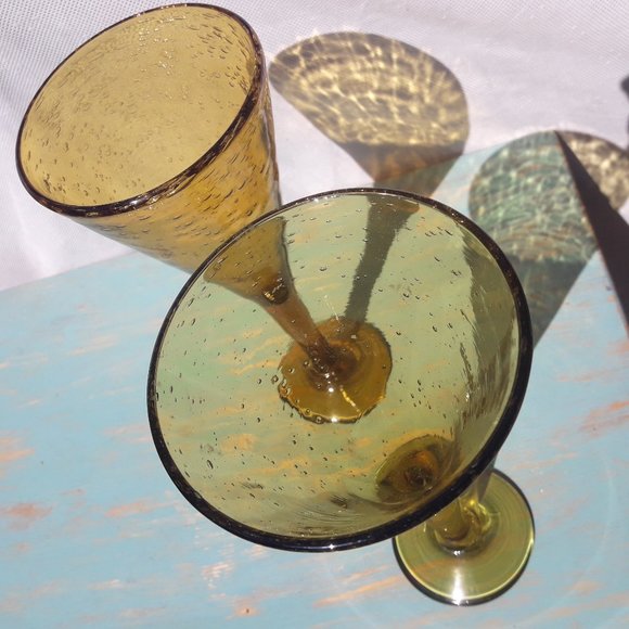 Vintage Golden Wine Goblets Bubble Glass Handmade Signed French Artist France - Picture 12 of 16